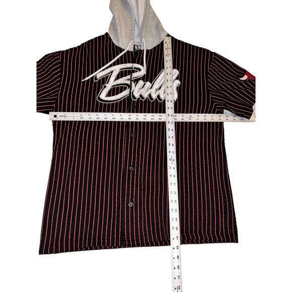 VTG NBA Bulls Hooded Shirt Jacket Mens L Black Red Striped Spellout Arm Patch - Picture 5 of 7